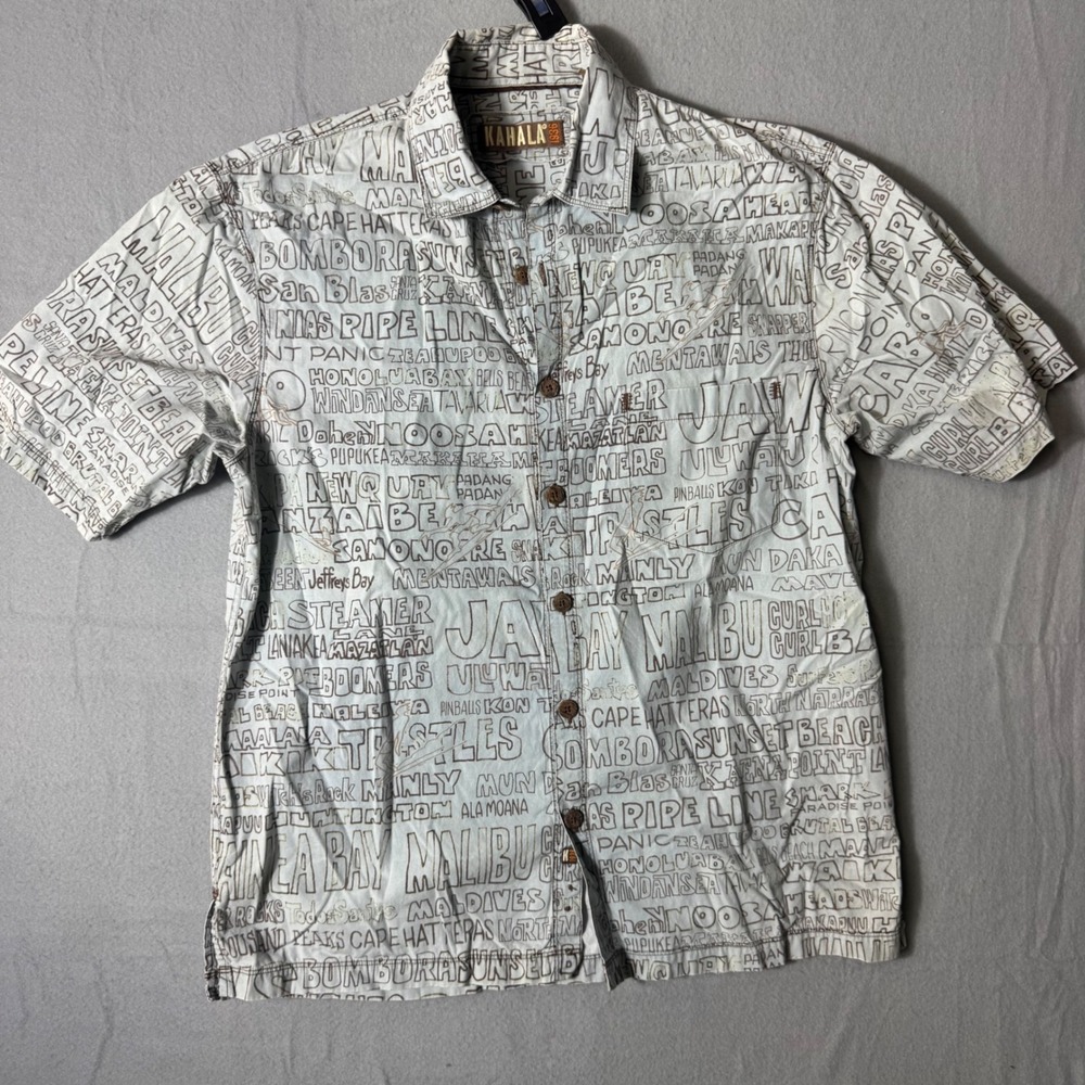 Kahala Surf Spot Print‎ Men Shirt M Blue Excellent Short Sleeve Button Down